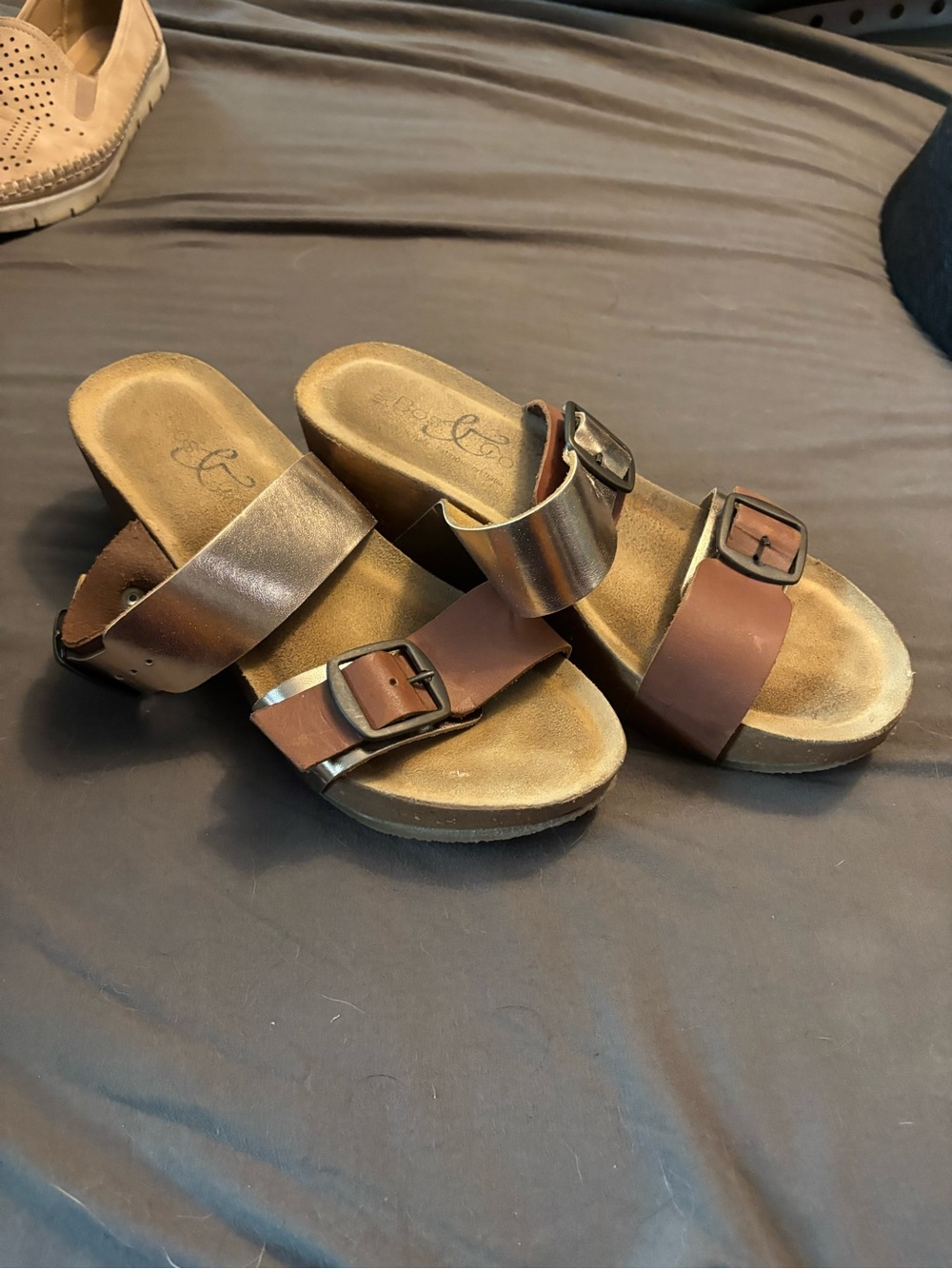 Women’s Two-Band Buckle Mules in Brown and Metallic